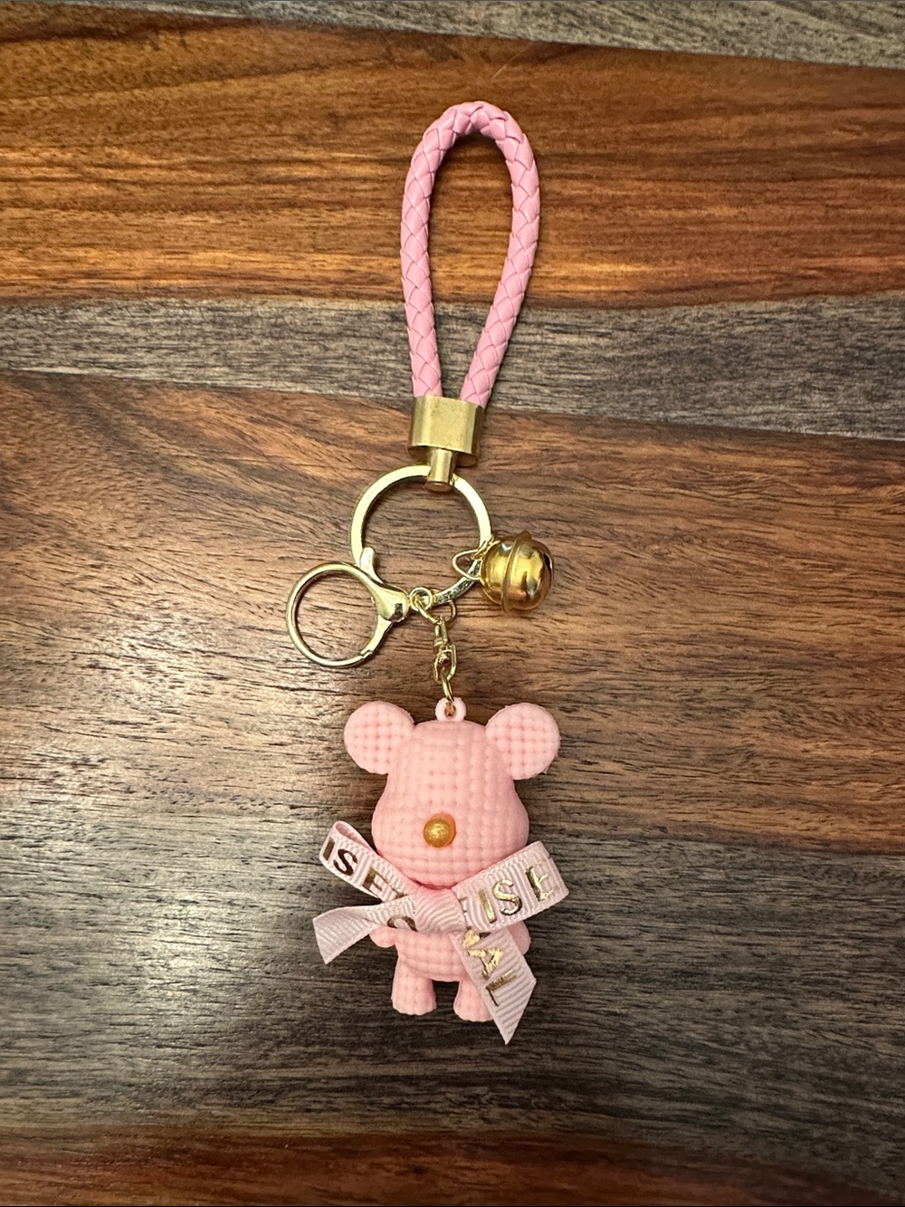 Pink Bear Charm Keychain with Gold Hardware